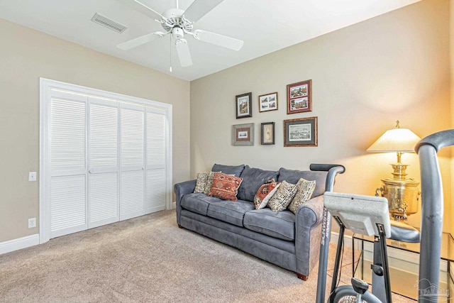 3756 Bengal Rd, Gulf Breeze, FL 32563 - carpeted living area with visible vents, baseboards, and ceiling fan