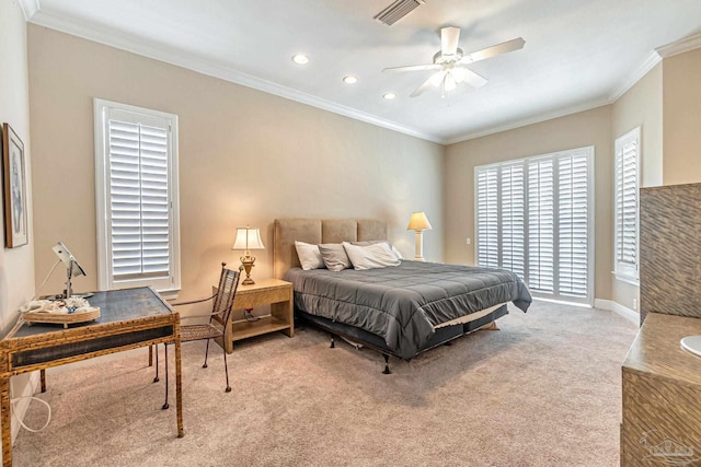 3756 Bengal Rd, Gulf Breeze, FL 32563 - bedroom featuring visible vents, crown molding, baseboards, light carpet, and recessed lighting