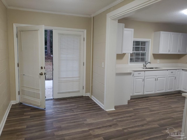 kitchen with white cabinetry, sink, crown molding, and dark hardwood / wood-style floors