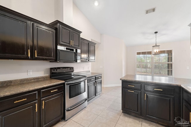 kitchen featuring electric stove, light tile patterned flooring, vaulted ceiling, and hanging light fixtures