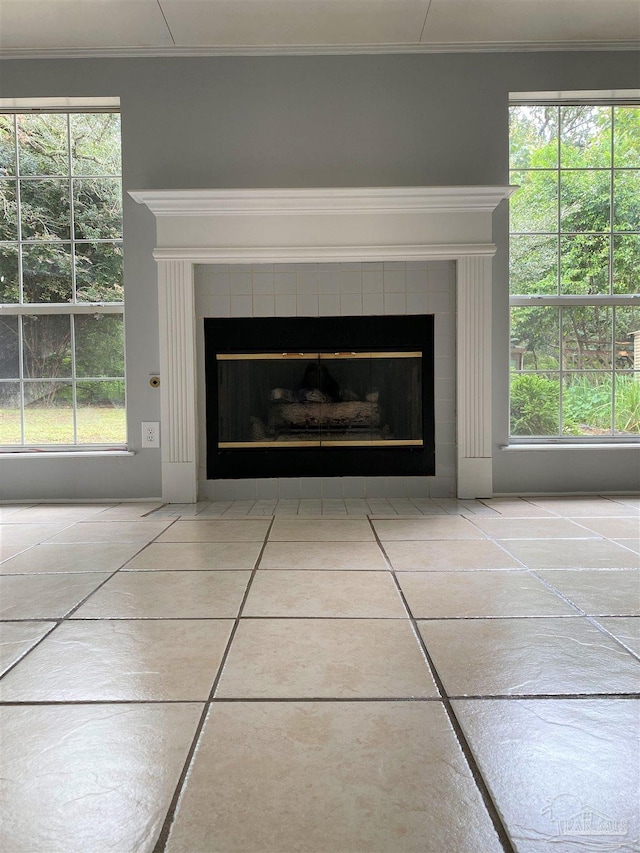 room details with a tile fireplace