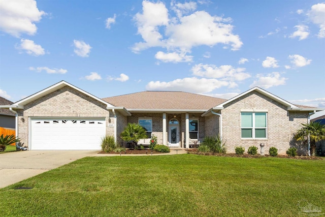 single story home featuring a garage and a front yard