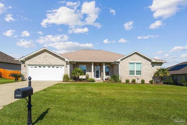 ranch-style house with a garage and a front lawn