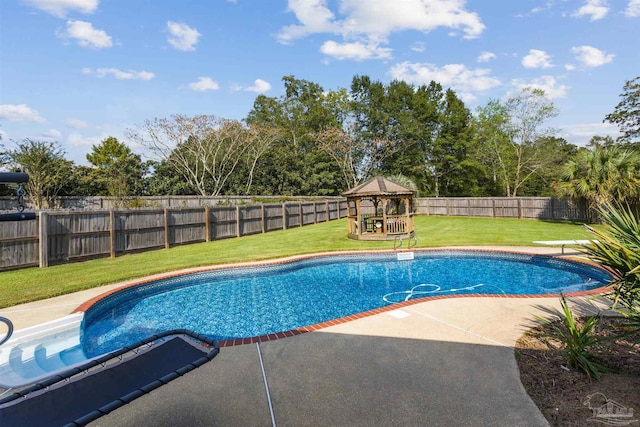 view of pool featuring a gazebo, a yard, and a patio area