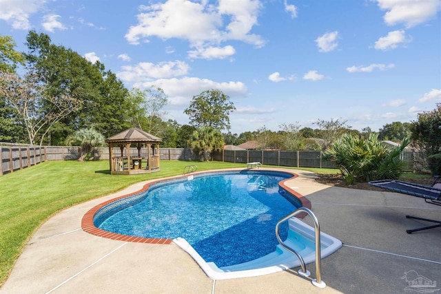 view of swimming pool with a gazebo, a lawn, a patio, and a diving board