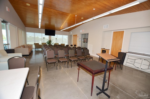 dining room with high vaulted ceiling, wooden ceiling, visible vents, and concrete floors