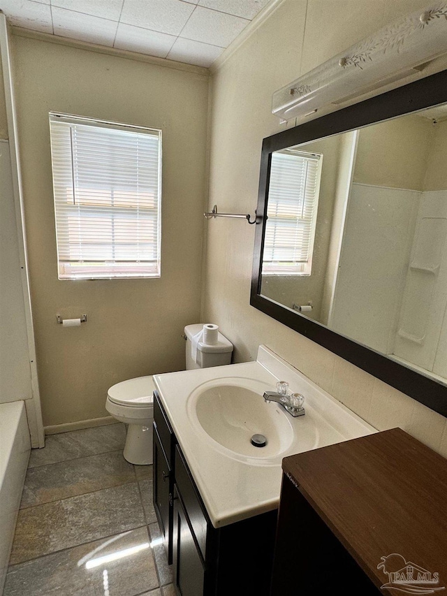 bathroom featuring baseboards, a wealth of natural light, toilet, and vanity