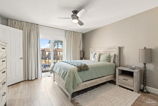 bedroom with ceiling fan, access to outside, and light hardwood / wood-style flooring