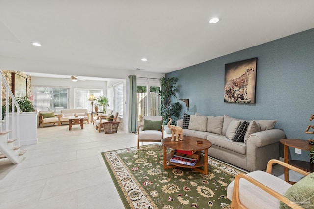 living room featuring ceiling fan