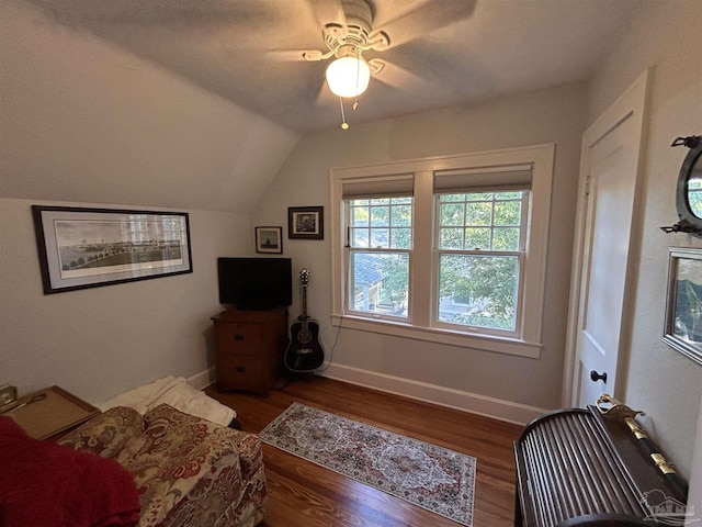 1726 N 15th Ave, Pensacola, FL 32503 - living room featuring wood finished floors, lofted ceiling, ceiling fan, and baseboards