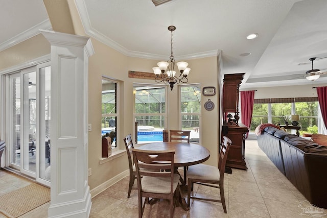2926 Greystone Dr, Pace, FL 32571 - dining area featuring a chandelier, light tile patterned floors, crown molding, and ornate columns
