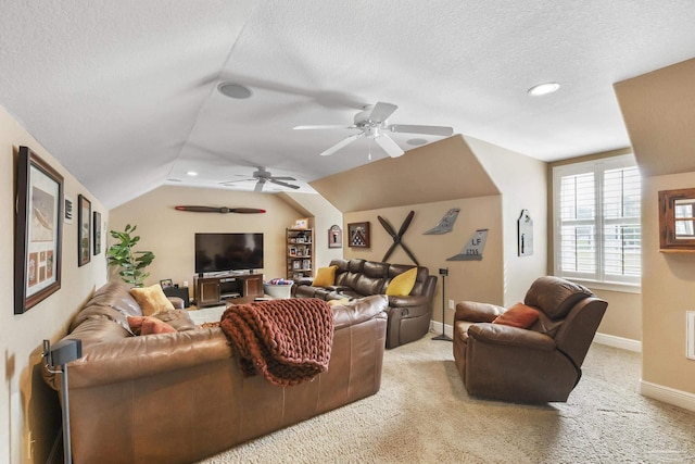 2926 Greystone Dr, Pace, FL 32571 - living room with a ceiling fan, vaulted ceiling, a textured ceiling, baseboards, and recessed lighting