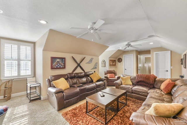 2926 Greystone Dr, Pace, FL 32571 - living area featuring a ceiling fan, vaulted ceiling, baseboards, carpet flooring, and recessed lighting