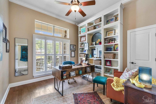 2926 Greystone Dr, Pace, FL 32571 - home office featuring a ceiling fan, ornamental molding, wood finished floors, and baseboards