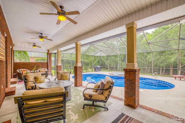 2926 Greystone Dr, Pace, FL 32571 - view of pool with an outdoor hangout area, a ceiling fan, a patio area, and a pool with connected hot tub