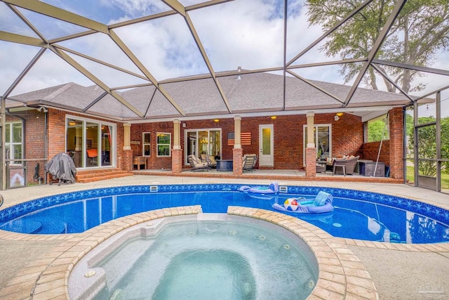 2926 Greystone Dr, Pace, FL 32571 - view of pool with an outdoor living space, a pool with connected hot tub, a patio, glass enclosure, and entry steps