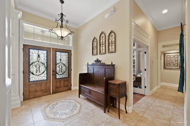 2926 Greystone Dr, Pace, FL 32571 - foyer entrance with french doors, ornamental molding, recessed lighting, light tile patterned floors, and baseboards