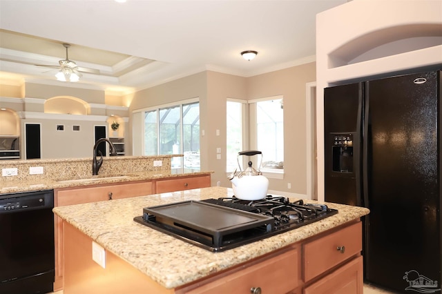 4436 Soundside Dr, Gulf Breeze, FL 32563 - kitchen featuring black appliances, a sink, crown molding, light stone countertops, and a ceiling fan