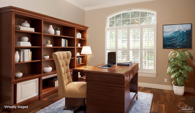 4436 Soundside Dr, Gulf Breeze, FL 32563 - office area featuring plenty of natural light, baseboards, crown molding, and dark wood-type flooring