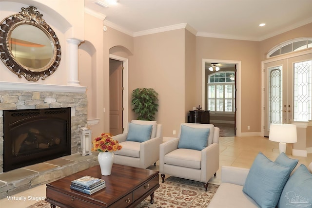 4436 Soundside Dr, Gulf Breeze, FL 32563 - living area featuring ornamental molding, baseboards, ceiling fan, a fireplace, and recessed lighting