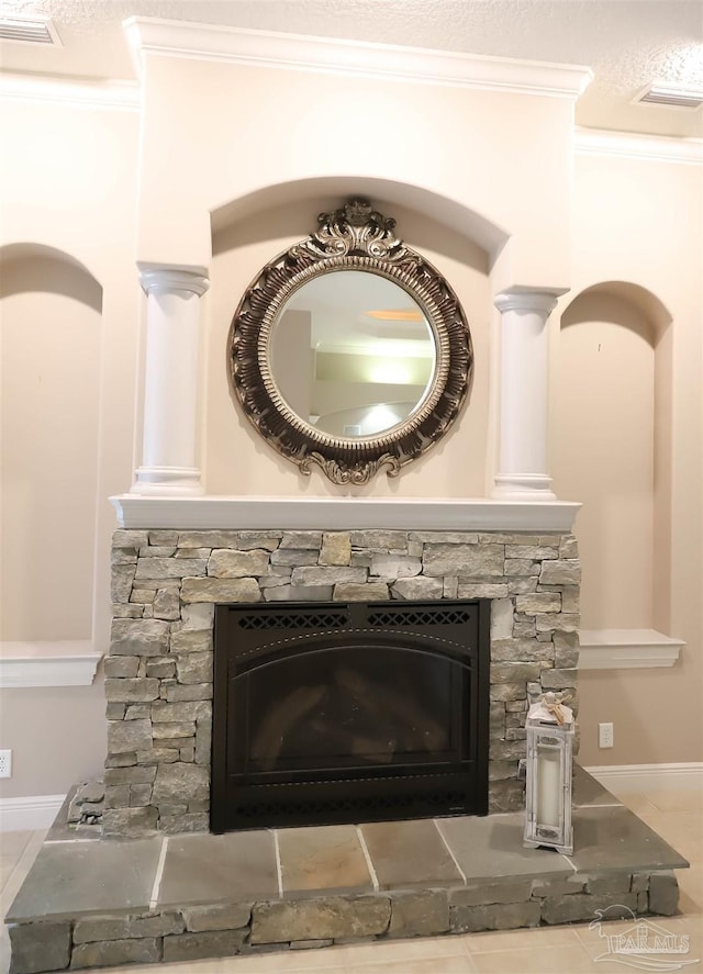 4436 Soundside Dr, Gulf Breeze, FL 32563 - detailed view of crown molding, a fireplace, and baseboards