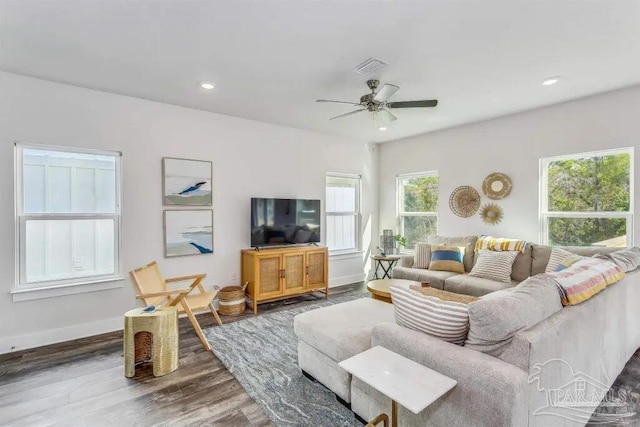 living room featuring ceiling fan and wood-type flooring