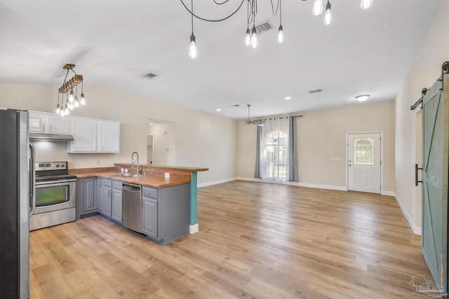 kitchen featuring a barn door, kitchen peninsula, sink, white cabinetry, and stainless steel appliances