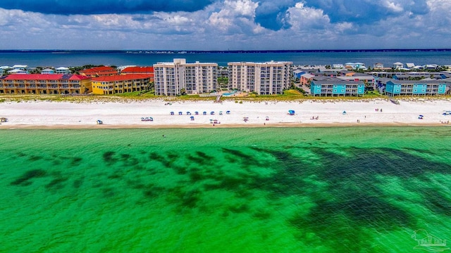 aerial view featuring a beach view and a water view