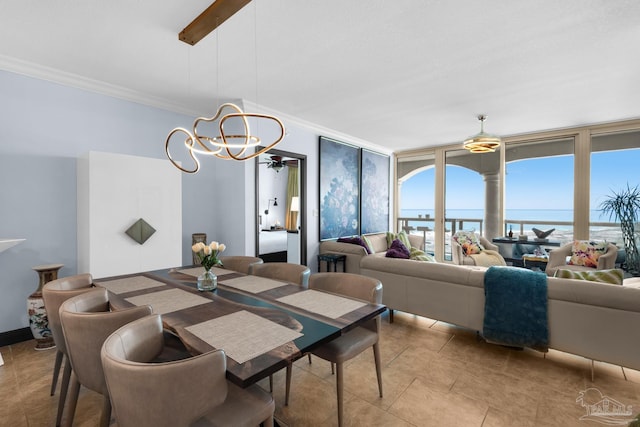 5 Portofino Dr Unit 703, Pensacola Beach, FL 32561 - dining area with ornamental molding, a ceiling fan, a chandelier, a water view, and light tile patterned flooring