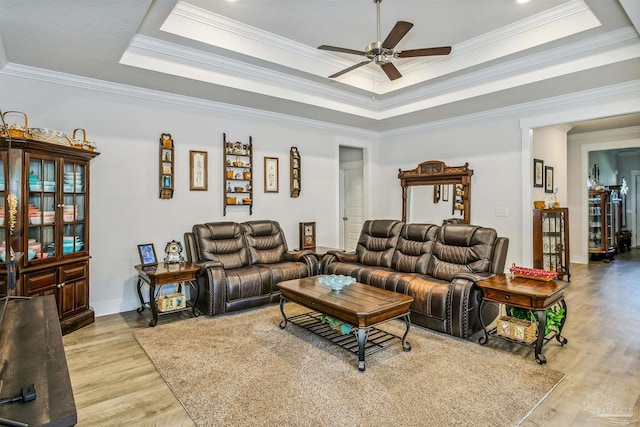 living room with a raised ceiling, ceiling fan, light wood-type flooring, and crown molding