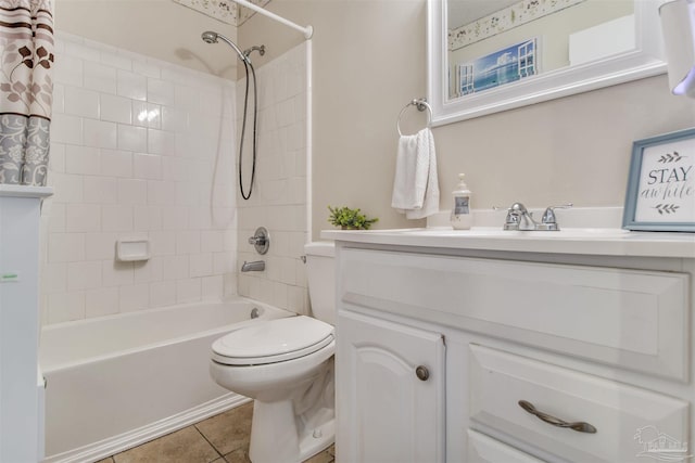 full bath with vanity, tile patterned floors, shower / bath combination with curtain, and toilet