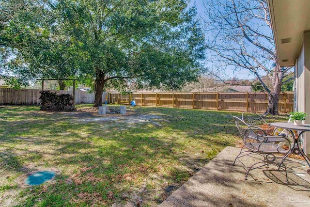 view of yard with a patio area and a fenced backyard