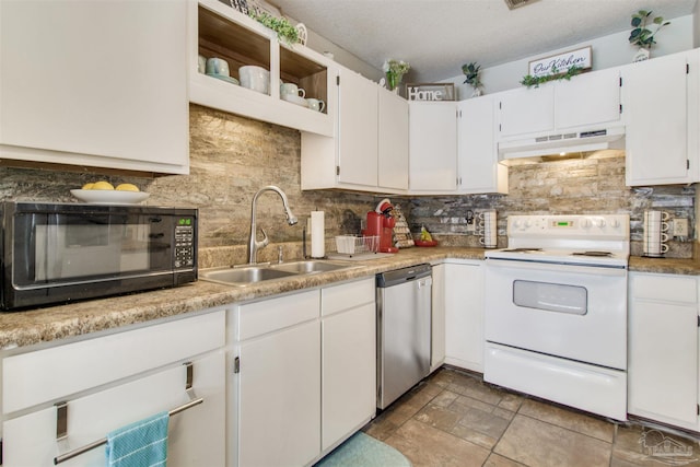 kitchen with white electric stove, a sink, black microwave, under cabinet range hood, and dishwasher