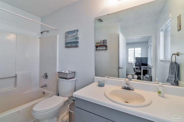 full bathroom featuring visible vents, toilet, vanity, a textured ceiling, and  shower combination