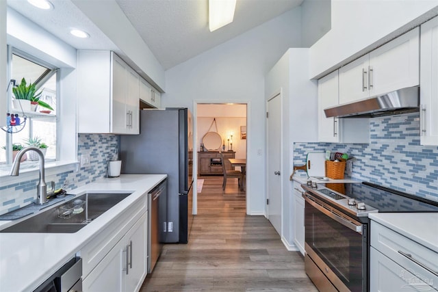 kitchen with under cabinet range hood, a sink, white cabinetry, vaulted ceiling, and appliances with stainless steel finishes