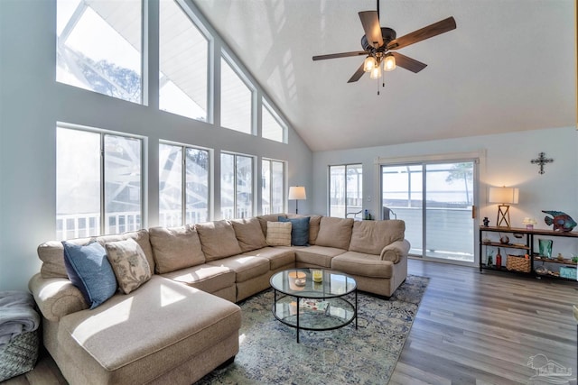 living room featuring high vaulted ceiling, a ceiling fan, and wood finished floors