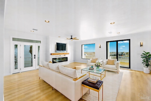 living room with light hardwood / wood-style flooring and a large fireplace