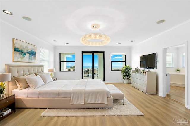 bedroom with multiple windows, ornamental molding, and light wood-type flooring