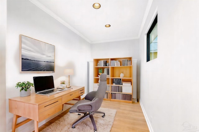 office featuring crown molding and light wood-type flooring