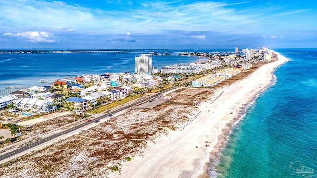 aerial view with a view of the beach and a water view