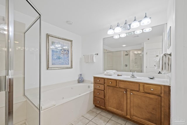 850 Ft Pickens Rd Unit 1230, Pensacola Beach, FL 32561 - full bath with a shower stall, vanity, a tub with jets, and tile patterned floors