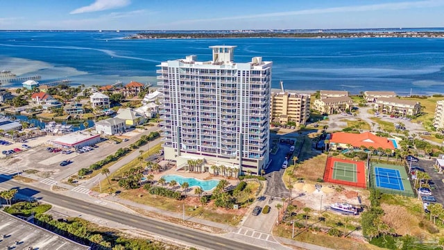 850 Ft Pickens Rd Unit 1230, Pensacola Beach, FL 32561 - drone / aerial view of a nearby body of water, a pool area, and apartment complex