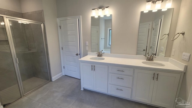 bathroom featuring tile patterned floors, a shower with door, and vanity