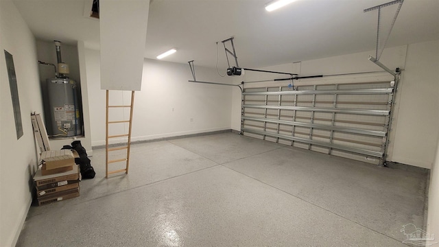 garage featuring gas water heater, baseboards, and a garage door opener