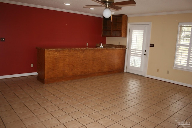 kitchen featuring sink, crown molding, and ceiling fan