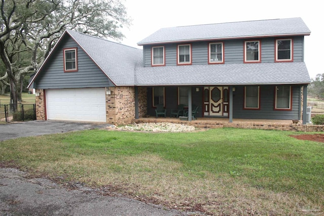 view of front of home with a garage, a front yard, and covered porch