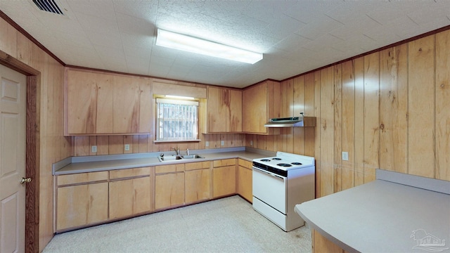 kitchen featuring white range with electric stovetop, sink, wooden walls, and light carpet