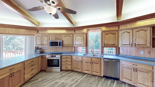 kitchen with beamed ceiling, a wealth of natural light, sink, and appliances with stainless steel finishes