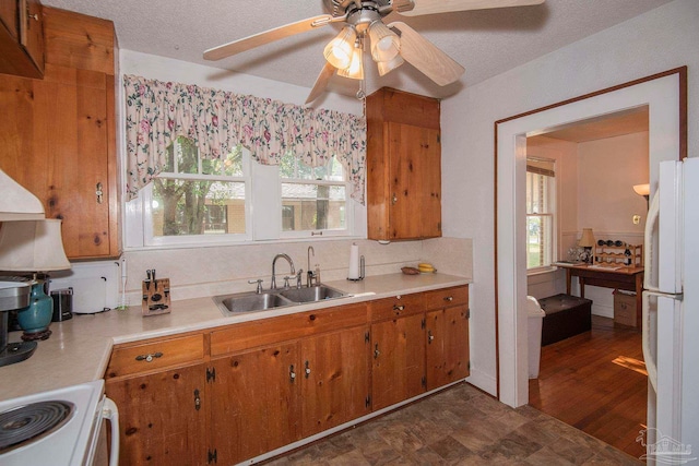 kitchen featuring sink, dark wood-type flooring, stove, ceiling fan, and white fridge