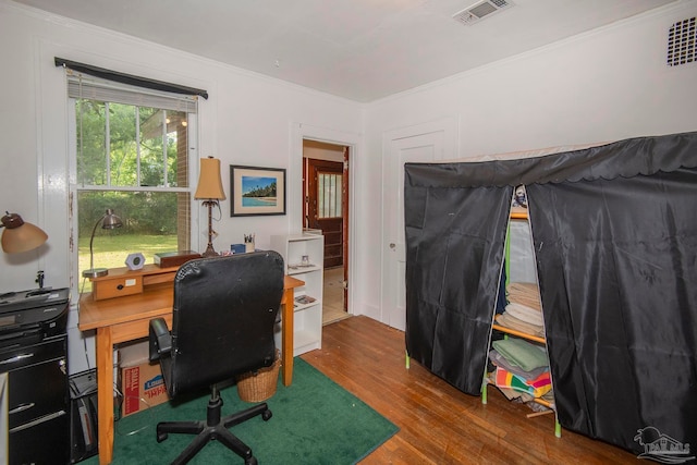 office with crown molding and wood-type flooring